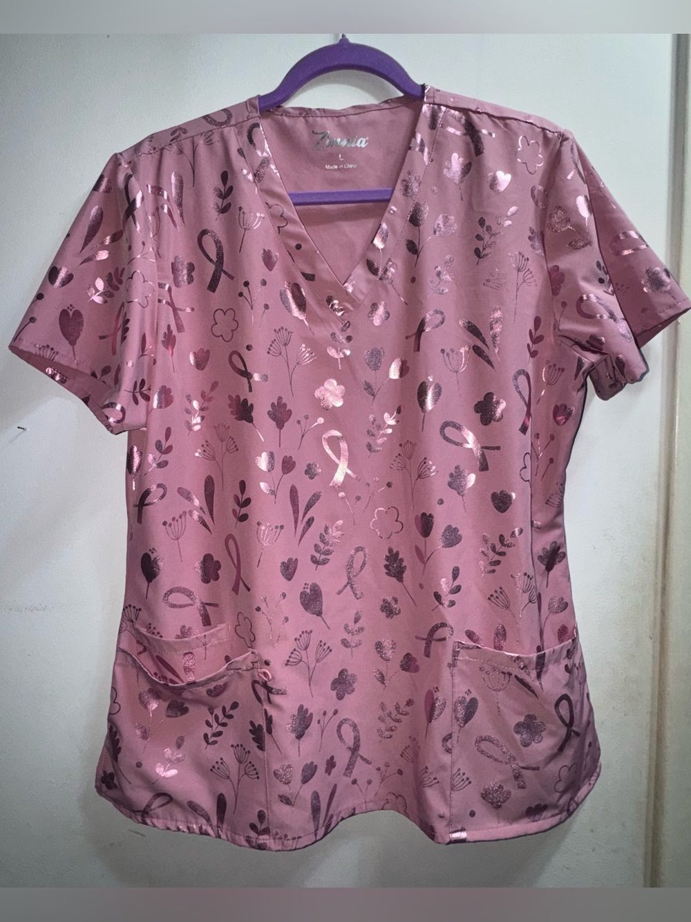 Pink V-Neck Short Scrubs Top with Breast Cancer Ribbon Print Sz Large by Zinnia
